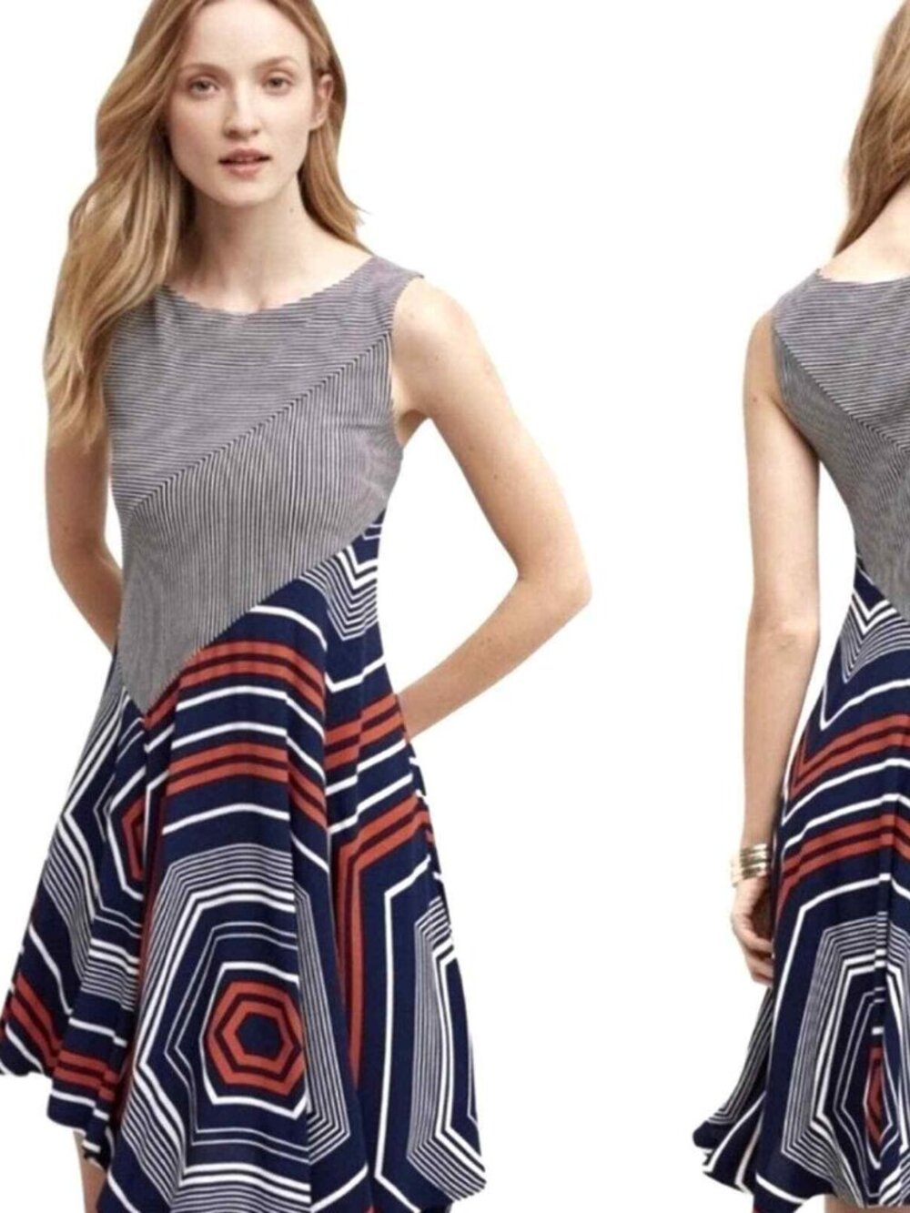 Anthropologie Navy, White & Red Striped Asymmetrical Sundress